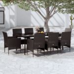 9 Piece Garden Dining Set with Cushions Black