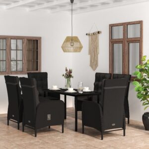 7 Piece Garden Dining Set with Cushions Black