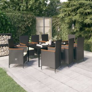 9 Piece Garden Dining Set with Cushions Black