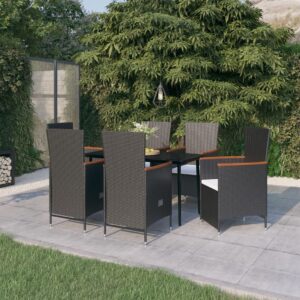 7 Piece Garden Dining Set with Cushions Black