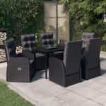 7 Piece Garden Dining Set with Cushions Black