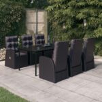 7 Piece Garden Dining Set with Cushions Black