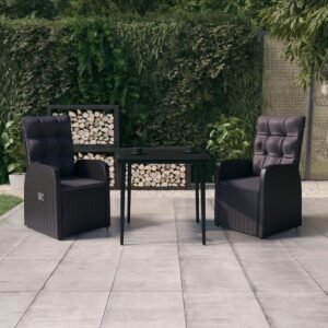 3 Piece Garden Dining Set with Cushions Black