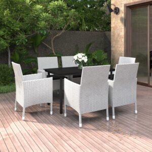 7 Piece Garden Dining Set with Cushions Poly Rattan and Glass