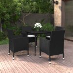 5 Piece Garden Dining Set with Cushions Poly Rattan and Glass