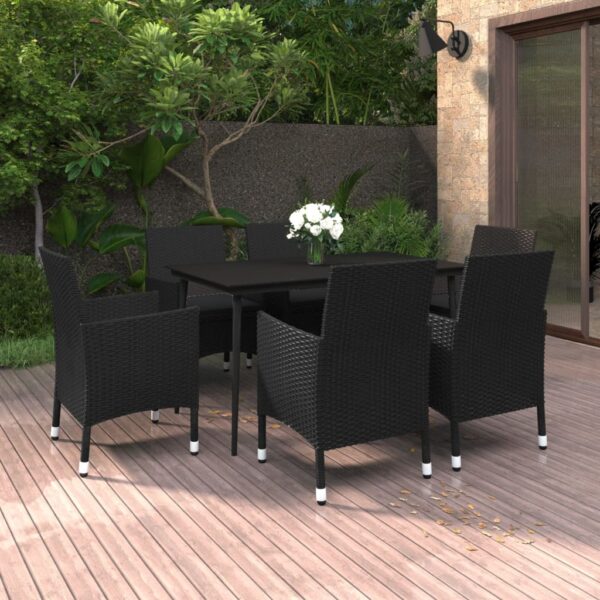 7 Piece Garden Dining Set with Cushions Poly Rattan and Glass