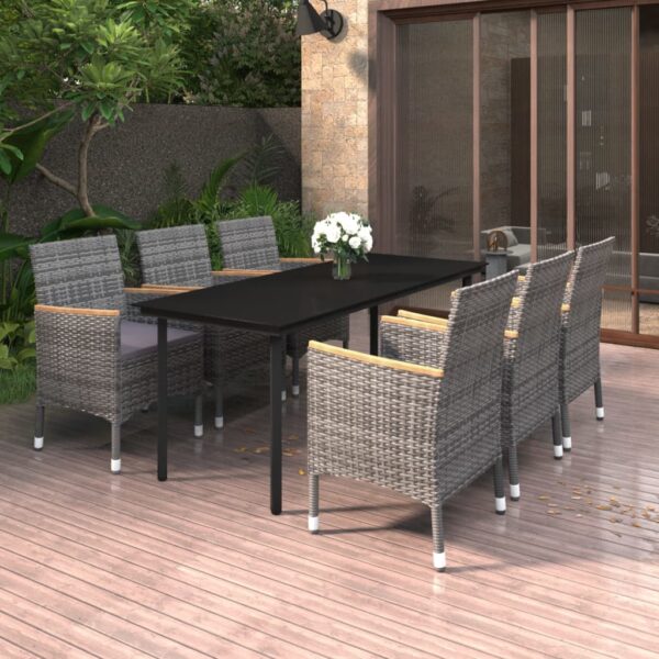 7 Piece Garden Dining Set with Cushions Poly Rattan and Glass