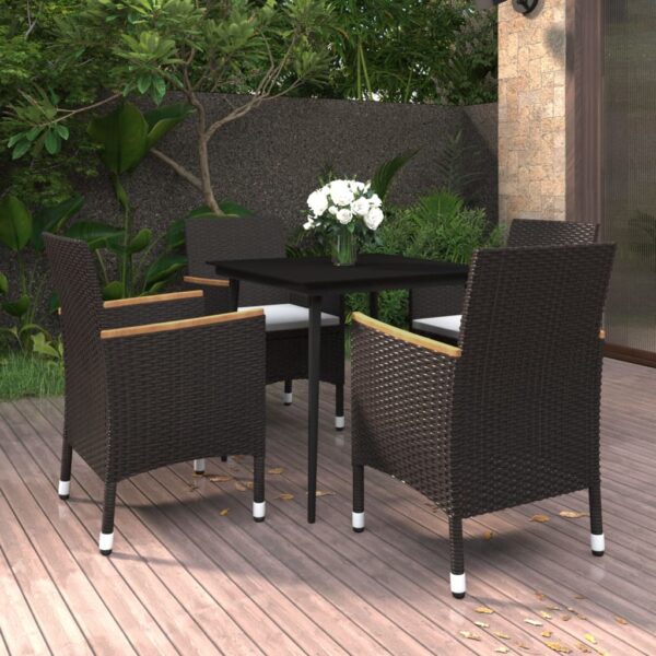 5 Piece Garden Dining Set with Cushions Poly Rattan and Glass