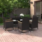 7 Piece Garden Dining Set with Cushions Poly Rattan and Glass