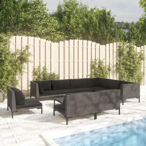 10 Piece Garden Lounge Set with Cushions Poly Rattan Dark Grey