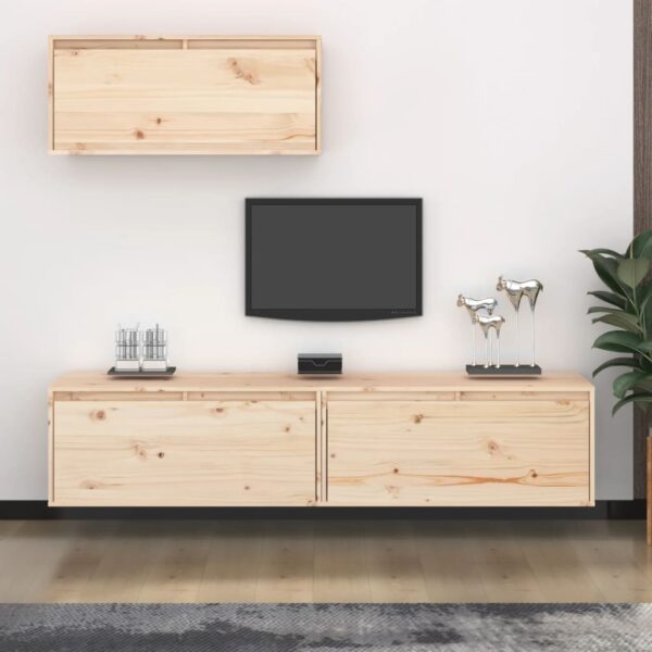 Solid Pine Wood Floating TV Cabinet Set Wall Mount Storage Shelves Home Decor