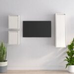 Chic White Solid Pine Wood Floating TV Cabinets Set Wall Mount Storage Shelves