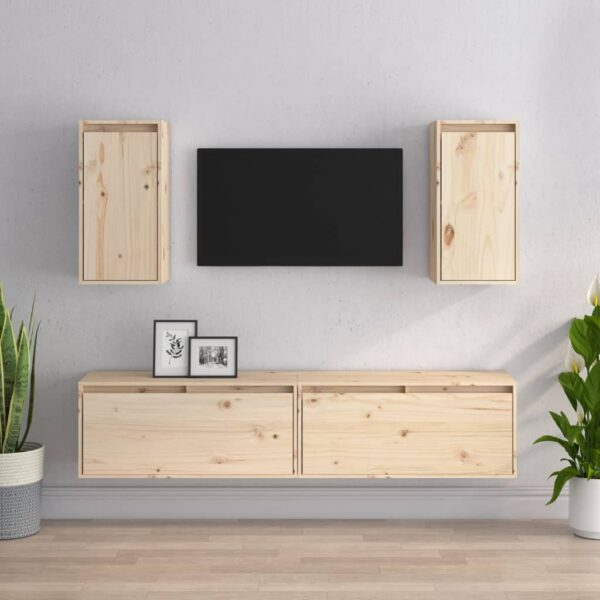 Solid Pine Wood Floating TV Cabinet Set Wall Mount Storage Shelves Home Decor