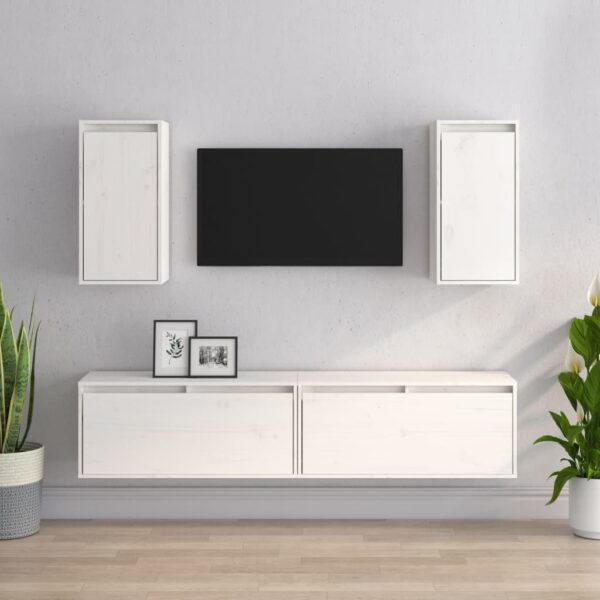 Chic White Solid Pine Wood Floating TV Cabinets Set Wall Mount Storage Shelves