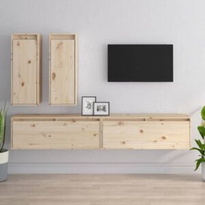 Solid Pine Wood Floating TV Cabinet Set Wall Mount Storage Shelves Home Decor