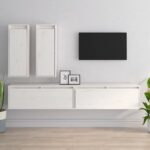 Chic White Solid Pine Wood Floating TV Cabinet Set Wall Mount Storage Shelves