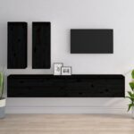 Solid Wood Pine Floating TV Cabinet Set Wall Mount Storage Black Finish Decor