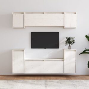 Chic White Solid Pine Wood Floating TV Cabinets Set Wall Mount Storage Shelves