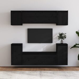 Solid Wood Pine Floating TV Cabinet Set Wall Mount Storage Black Finish Decor