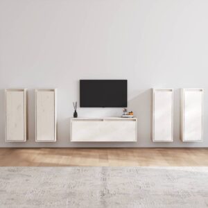 Chic White Solid Pine Wood Floating TV Cabinet Set Wall Mount Storage Shelves