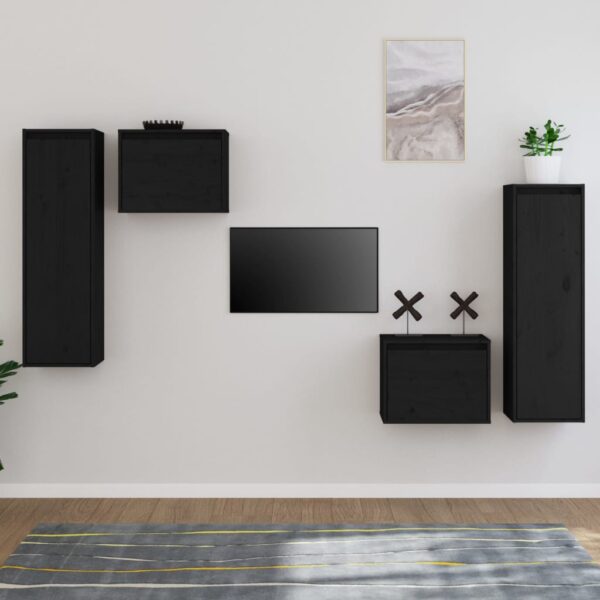 Solid Pine Wood Floating TV Cabinet Set Wall Mount Storage Black Finish Decor