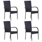 Set of Four Stackable Patio Chairs Outdoor Garden Furniture Poly Rattan Black