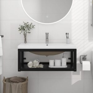 Chic Black Iron Wall-Mounted Washbasin Frame with Ceramic Basin