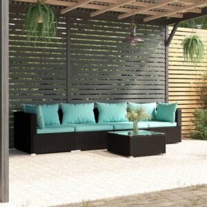 5 Piece Garden Lounge Set with Cushions Poly Rattan Black