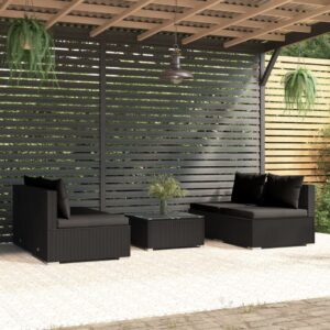 5 Piece Garden Lounge Set with Cushions Poly Rattan Black