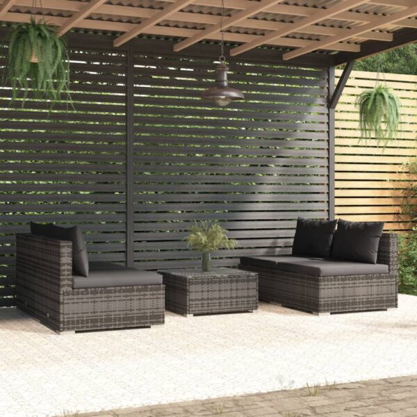 5 Piece Garden Lounge Set with Cushions Poly Rattan Grey