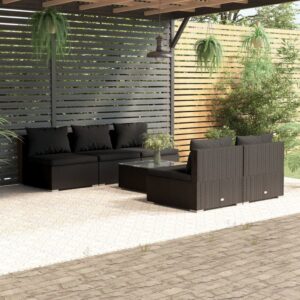 6 Piece Garden Lounge Set with Cushions Poly Rattan Black