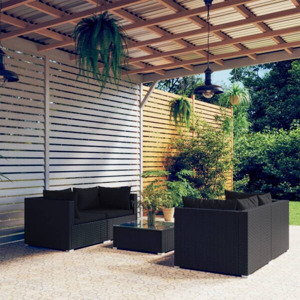 5 Piece Garden Lounge Set with Cushions Poly Rattan Black