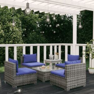 5 Piece Garden Lounge Set with Cushions Poly Rattan Grey