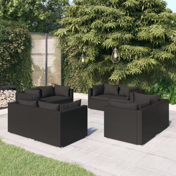 8 Piece Garden Lounge Set with Cushions Poly Rattan Black