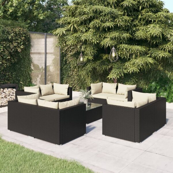 9 Piece Garden Lounge Set with Cushions Poly Rattan Black