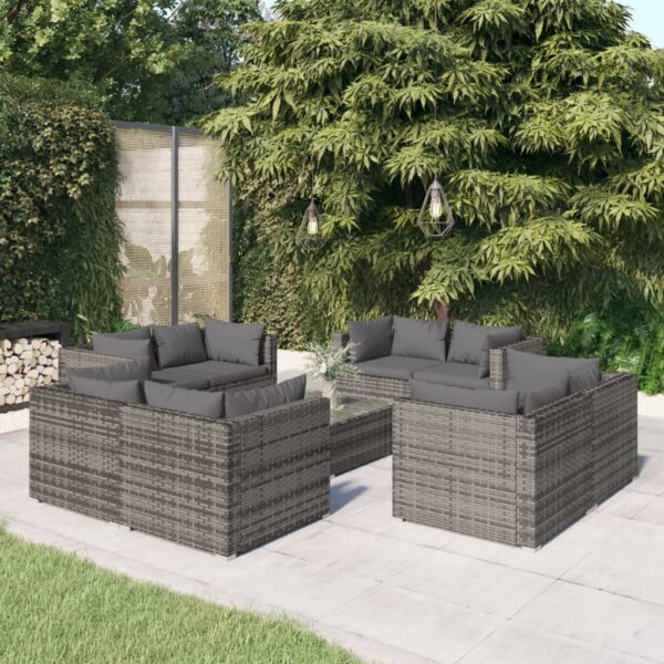 9 Piece Garden Lounge Set with Cushions Poly Rattan Grey