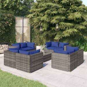 9 Piece Garden Lounge Set with Cushions Poly Rattan Grey