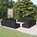 12 Piece Garden Lounge Set with Cushions Poly Rattan Black