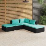 5 Piece Garden Lounge Set with Cushions Poly Rattan Black