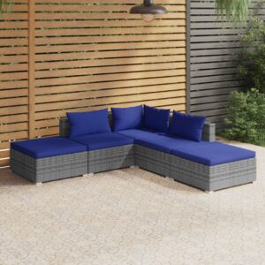 5 Piece Garden Lounge Set with Cushions Poly Rattan Grey