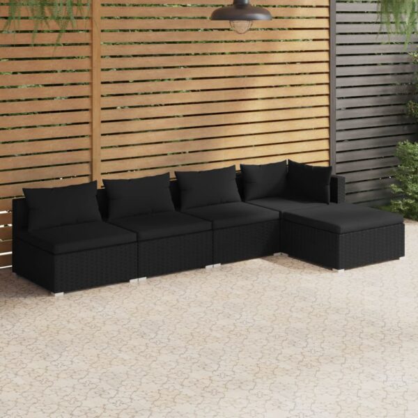 5 Piece Garden Lounge Set with Cushions Poly Rattan Black