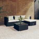 5 Piece Garden Lounge Set with Cushions Poly Rattan Black