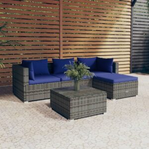 5 Piece Garden Lounge Set with Cushions Poly Rattan Grey