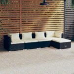 5 Piece Garden Lounge Set with Cushions Poly Rattan Black