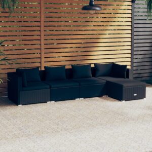 5 Piece Garden Lounge Set with Cushions Poly Rattan Black