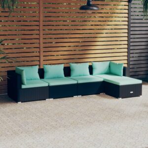 5 Piece Garden Lounge Set with Cushions Poly Rattan Black