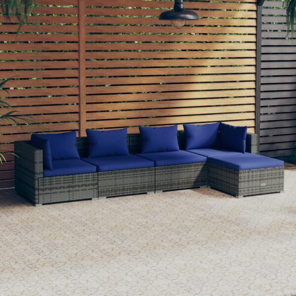 5 Piece Garden Lounge Set with Cushions Poly Rattan Grey