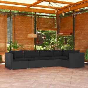 5 Piece Garden Lounge Set with Cushions Poly Rattan Black