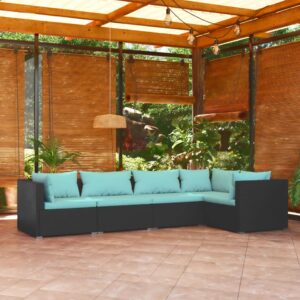 5 Piece Garden Lounge Set with Cushions Poly Rattan Black