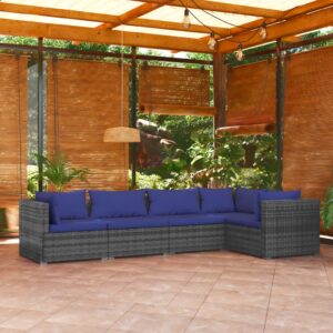 5 Piece Garden Lounge Set with Cushions Poly Rattan Grey